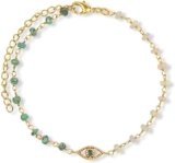 KARMA AND LUCK – Soothing Oasis – Women’s Genuine Opal Emerald Gemstones 18K Gold Plated Brass Evil Eye Charm Bracelet